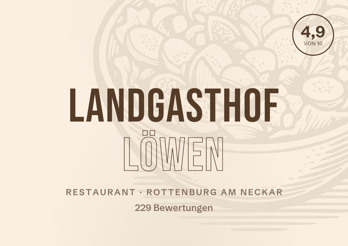 Illustriertes Poster von Landgasthof Löwen, Restaurant in Rottenburg am Neckar: Bewertung 4,9 von 10 aus 229 Bewertungen