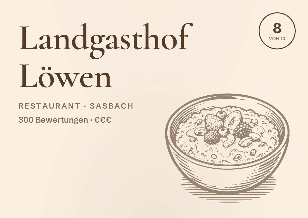 Illustriertes Poster von Landgasthof Löwen, Restaurant in Sasbach: Bewertung 8 von 10 aus 300 Bewertungen, Preisniveau €€€