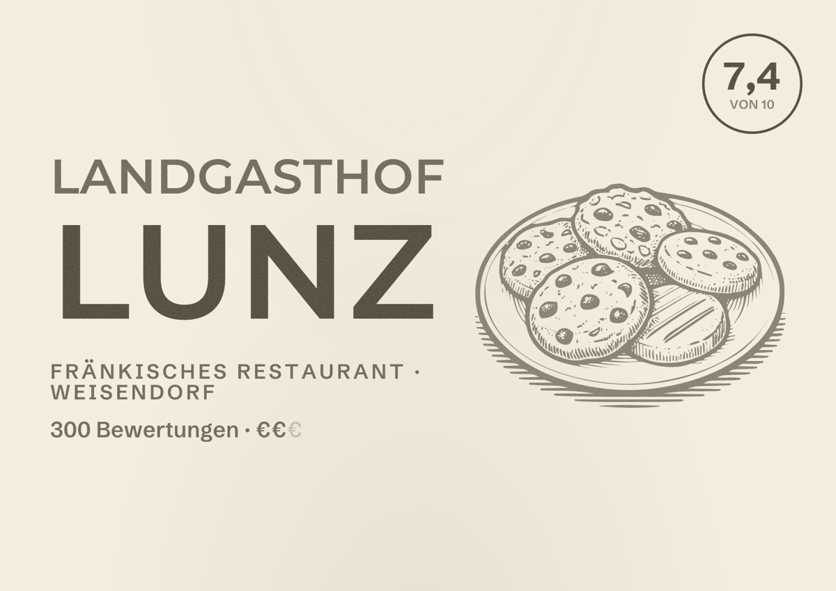 Illustriertes Poster von Landgasthof Lunz, Fränkisches Restaurant in Weisendorf: Bewertung 7,4 von 10 aus 300 Bewertungen, Preisniveau €€