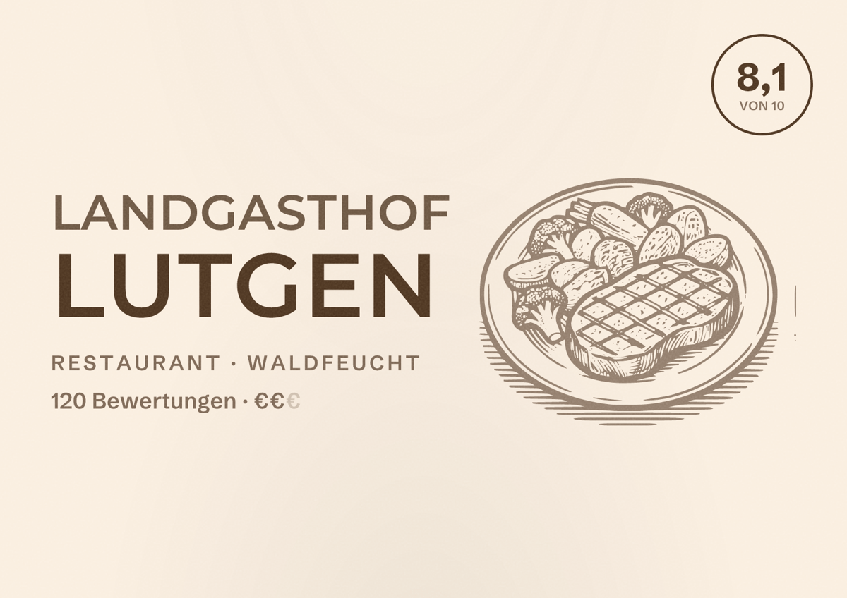 Illustriertes Poster von Landgasthof Lutgen, Restaurant in Waldfeucht: Bewertung 8,1 von 10 aus 120 Bewertungen, Preisniveau €€