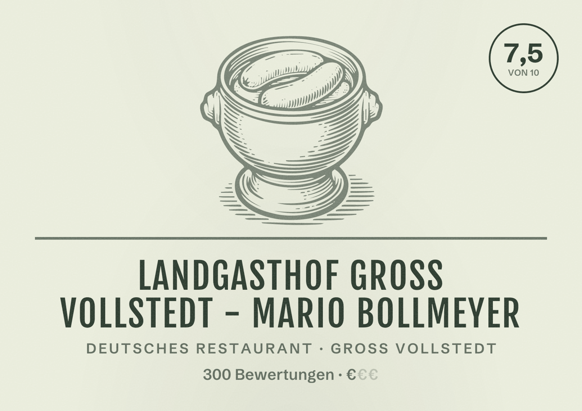 Illustriertes Poster von Landgasthof Groß Vollstedt - Mario Bollmeyer, Deutsches Restaurant in Groß Vollstedt: Bewertung 7,5 von 10 aus 300 Bewertungen, Preisniveau €