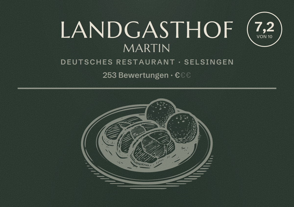 Illustriertes Poster von Landgasthof Martin, Deutsches Restaurant in Selsingen: Bewertung 7,2 von 10 aus 253 Bewertungen, Preisniveau €