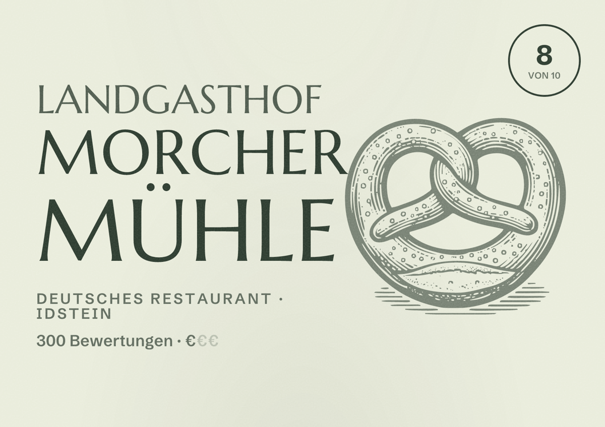 Illustriertes Poster von Landgasthof Morcher Mühle, Deutsches Restaurant in Idstein: Bewertung 8 von 10 aus 300 Bewertungen, Preisniveau €