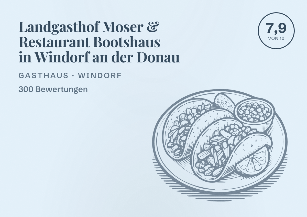 Illustriertes Poster von Landgasthof Moser & Restaurant Bootshaus in Windorf an der Donau, Gasthaus in Windorf: Bewertung 7,9 von 10 aus 300 Bewertungen
