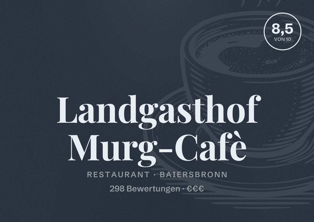 Illustriertes Poster von Landgasthof Murg-Cafè, Restaurant in Baiersbronn: Bewertung 8,5 von 10 aus 298 Bewertungen, Preisniveau €€€