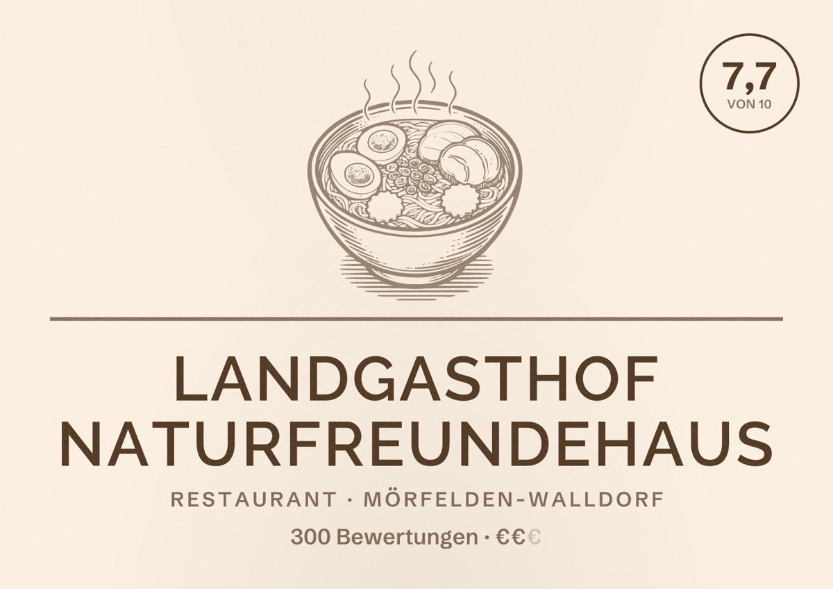 Illustriertes Poster von Landgasthof Naturfreundehaus, Restaurant in Mörfelden-Walldorf: Bewertung 7,7 von 10 aus 300 Bewertungen, Preisniveau €€