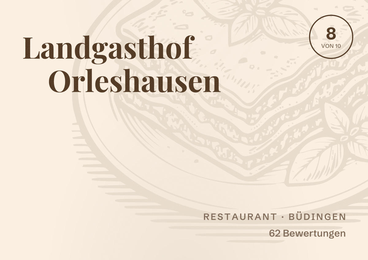 Illustriertes Poster von Landgasthof Orleshausen, Restaurant in Büdingen: Bewertung 8 von 10 aus 62 Bewertungen