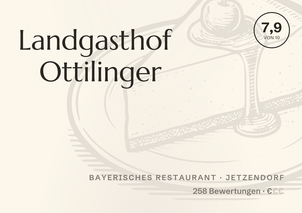 Illustriertes Poster von Landgasthof Ottilinger, Bayerisches Restaurant in Jetzendorf: Bewertung 7,9 von 10 aus 258 Bewertungen, Preisniveau €