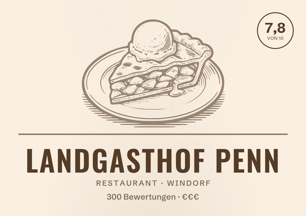 Illustriertes Poster von Landgasthof Penn, Restaurant in Windorf: Bewertung 7,8 von 10 aus 300 Bewertungen, Preisniveau €€€