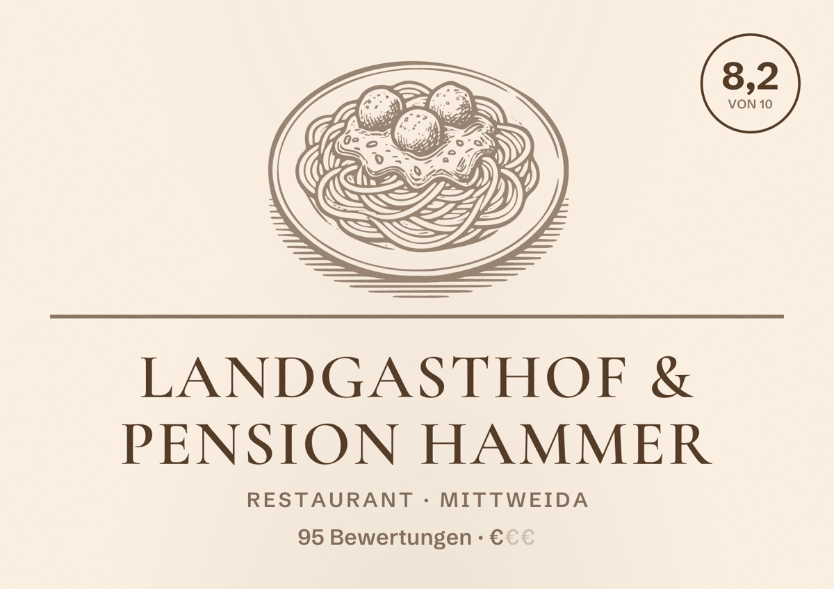 Illustriertes Poster von Landgasthof & Pension Hammer, Restaurant in Mittweida: Bewertung 8,2 von 10 aus 95 Bewertungen, Preisniveau €