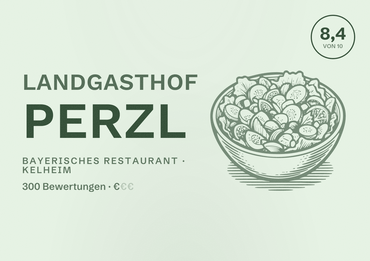 Illustriertes Poster von Landgasthof Perzl, Bayerisches Restaurant in Kelheim: Bewertung 8,4 von 10 aus 300 Bewertungen, Preisniveau €