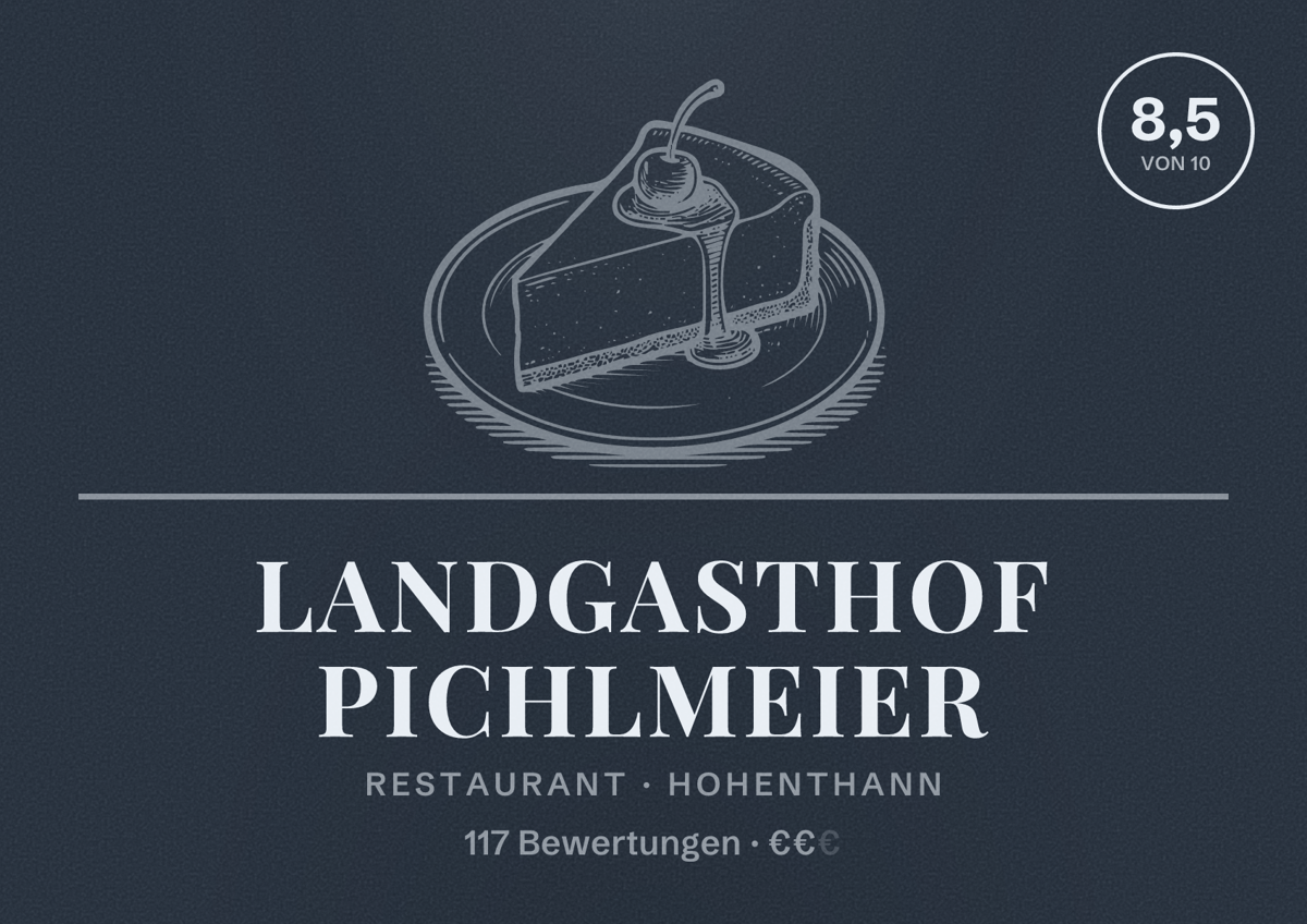 Illustriertes Poster von Landgasthof Pichlmeier, Restaurant in Hohenthann: Bewertung 8,5 von 10 aus 117 Bewertungen, Preisniveau €€