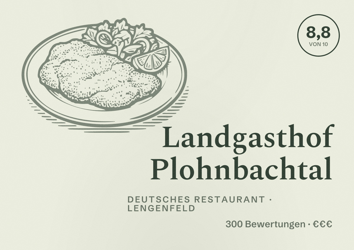 Illustriertes Poster von Landgasthof Plohnbachtal, Deutsches Restaurant in Lengenfeld: Bewertung 8,8 von 10 aus 300 Bewertungen, Preisniveau €€€