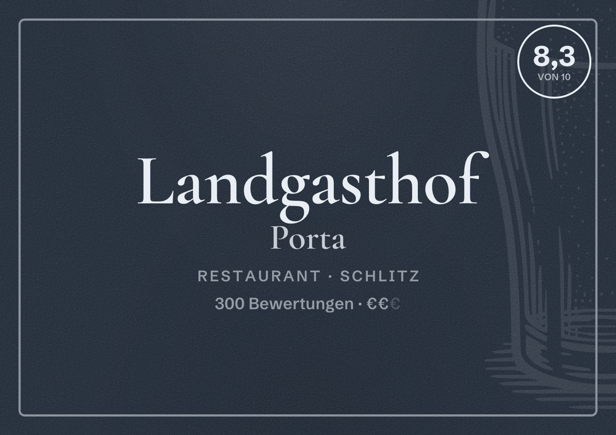 Illustriertes Poster von Landgasthof Porta, Restaurant in Schlitz: Bewertung 8,3 von 10 aus 300 Bewertungen, Preisniveau €€