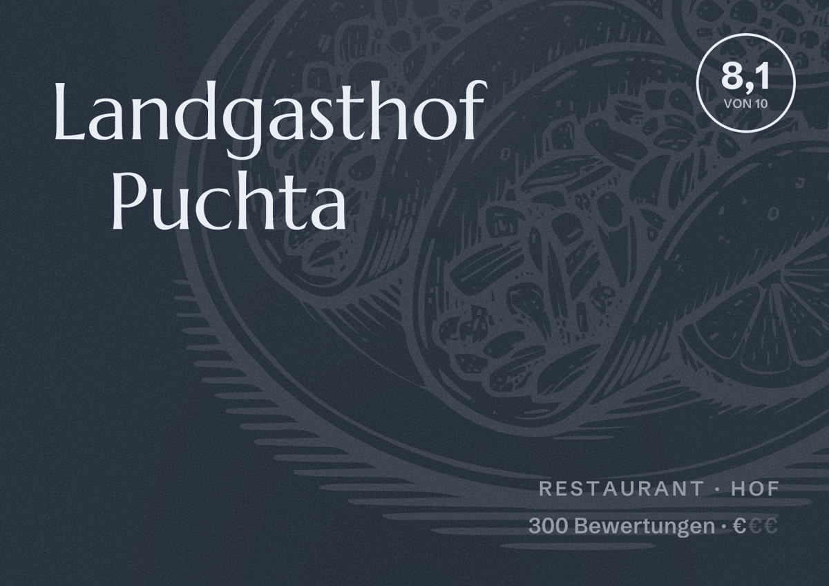 Illustriertes Poster von Landgasthof Puchta, Restaurant in Hof: Bewertung 8,1 von 10 aus 300 Bewertungen, Preisniveau €