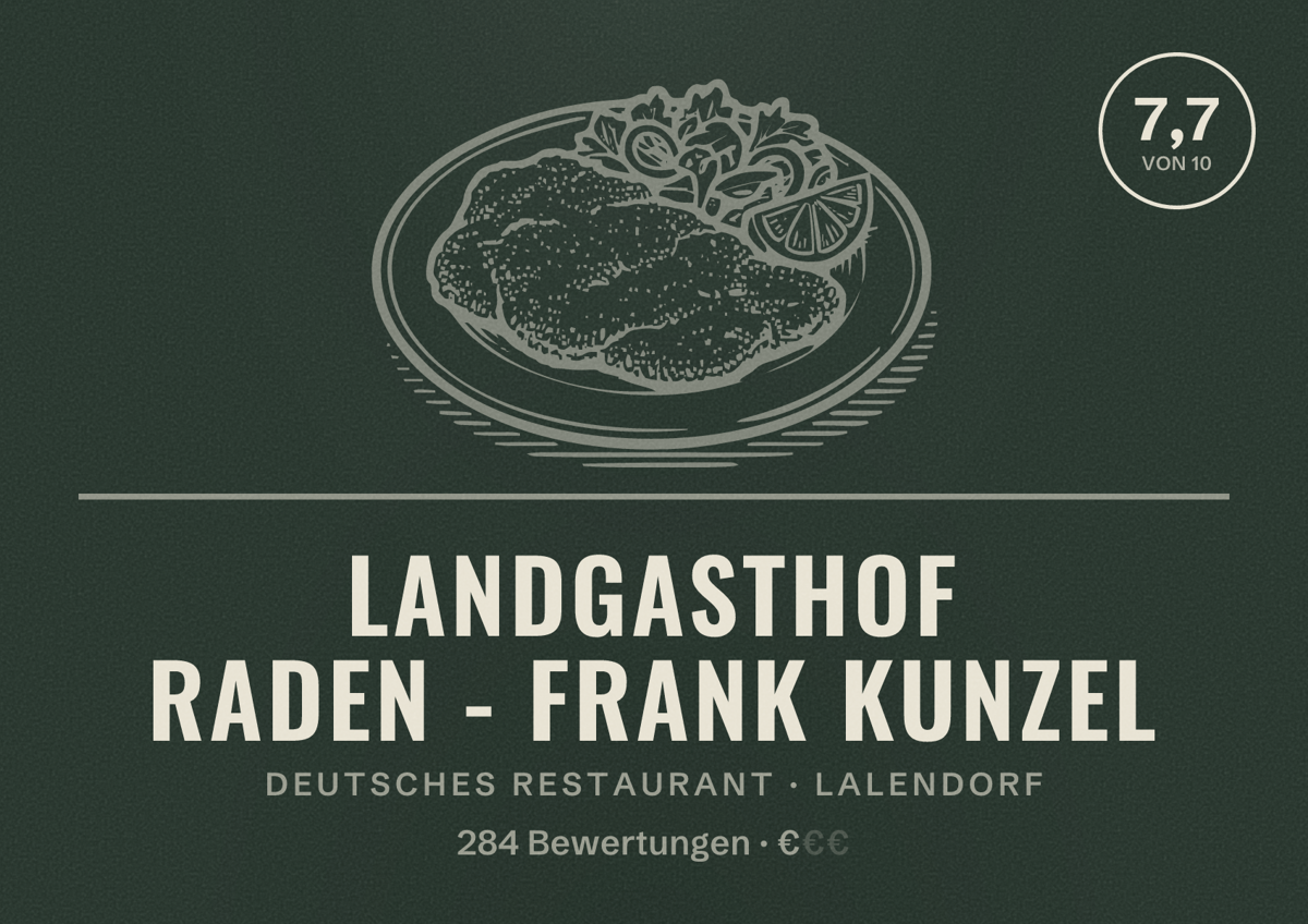 Illustriertes Poster von Landgasthof Raden - Frank Kunzel, Deutsches Restaurant in Lalendorf: Bewertung 7,7 von 10 aus 284 Bewertungen, Preisniveau €