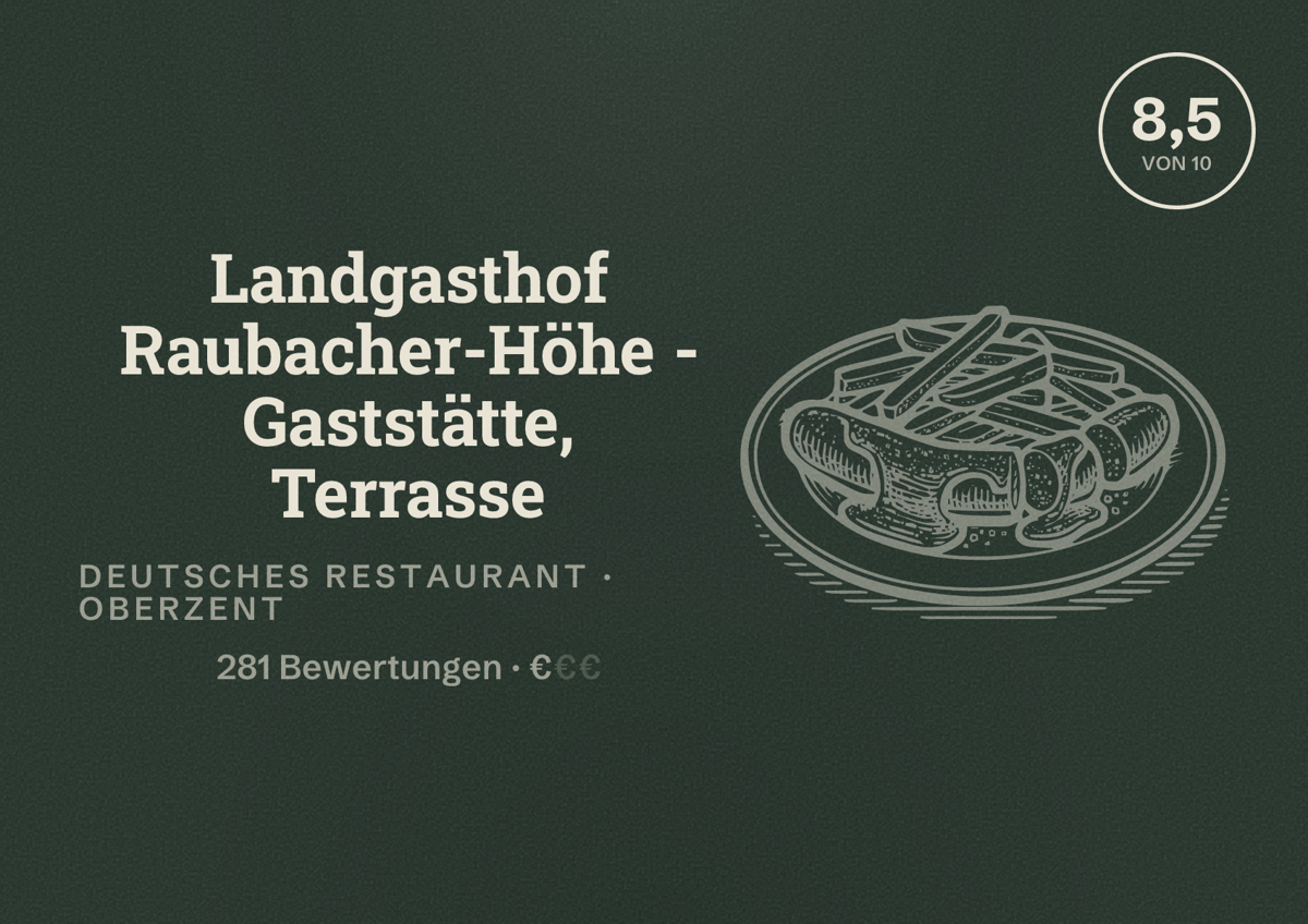 Illustriertes Poster von Landgasthof Raubacher-Höhe - Gaststätte, Terrasse, Deutsches Restaurant in Oberzent: Bewertung 8,5 von 10 aus 281 Bewertungen, Preisniveau €