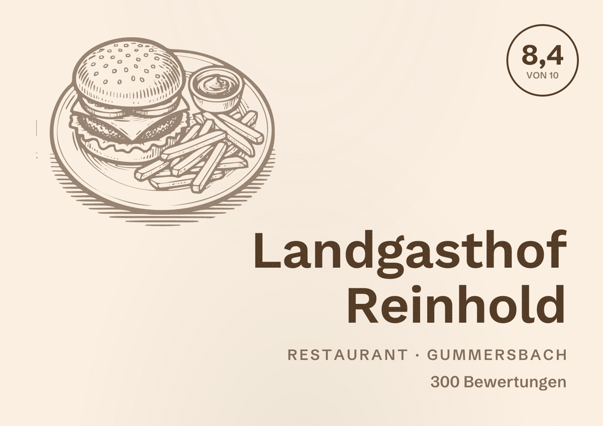Illustriertes Poster von Landgasthof Reinhold, Restaurant in Gummersbach: Bewertung 8,4 von 10 aus 300 Bewertungen