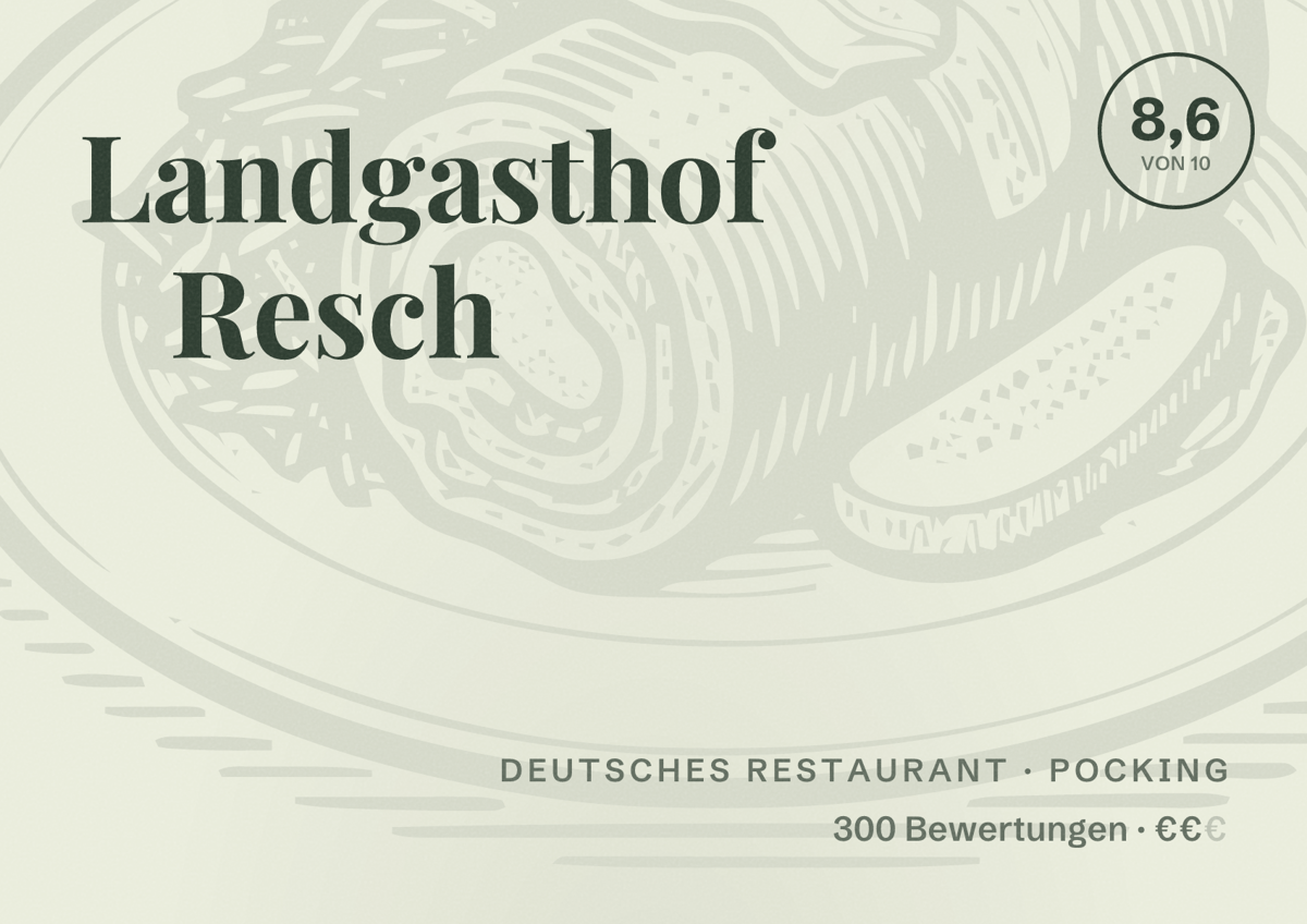 Illustriertes Poster von Landgasthof Resch, Deutsches Restaurant in Pocking: Bewertung 8,6 von 10 aus 300 Bewertungen, Preisniveau €€