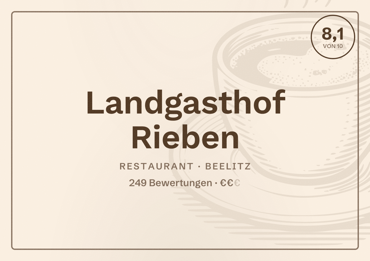Illustriertes Poster von Landgasthof Rieben, Restaurant in Beelitz: Bewertung 8,1 von 10 aus 249 Bewertungen, Preisniveau €€