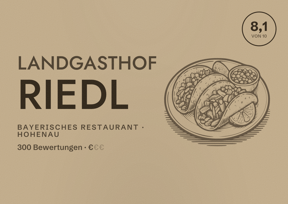 Illustriertes Poster von Landgasthof Riedl, Bayerisches Restaurant in Hohenau: Bewertung 8,1 von 10 aus 300 Bewertungen, Preisniveau €