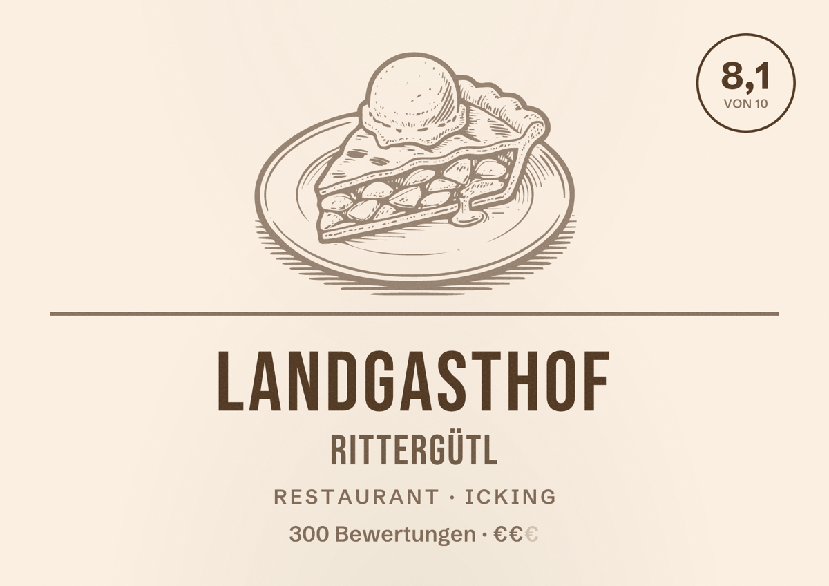 Illustriertes Poster von Landgasthof Rittergütl, Restaurant in Icking: Bewertung 8,1 von 10 aus 300 Bewertungen, Preisniveau €€