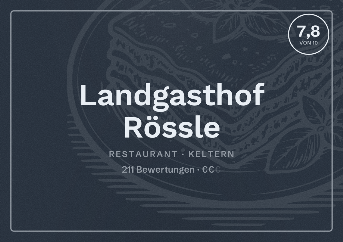 Illustriertes Poster von Landgasthof Rössle, Restaurant in Keltern: Bewertung 7,8 von 10 aus 211 Bewertungen, Preisniveau €€