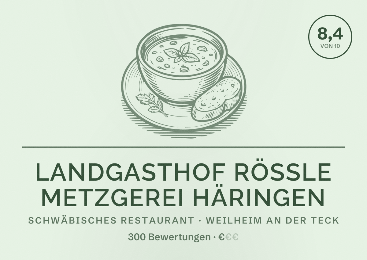Illustriertes Poster von Landgasthof Rössle Metzgerei Häringen, Schwäbisches Restaurant in Weilheim an der Teck: Bewertung 8,4 von 10 aus 300 Bewertungen, Preisniveau €