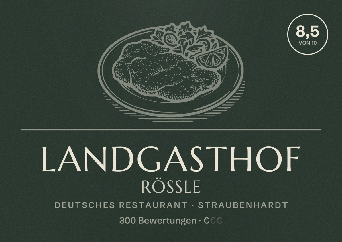 Illustriertes Poster von Landgasthof Rössle, Deutsches Restaurant in Straubenhardt: Bewertung 8,5 von 10 aus 300 Bewertungen, Preisniveau €