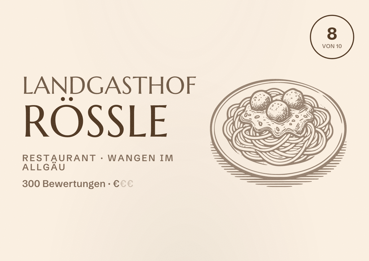 Illustriertes Poster von Landgasthof Rössle, Restaurant in Wangen im Allgäu: Bewertung 8 von 10 aus 300 Bewertungen, Preisniveau €