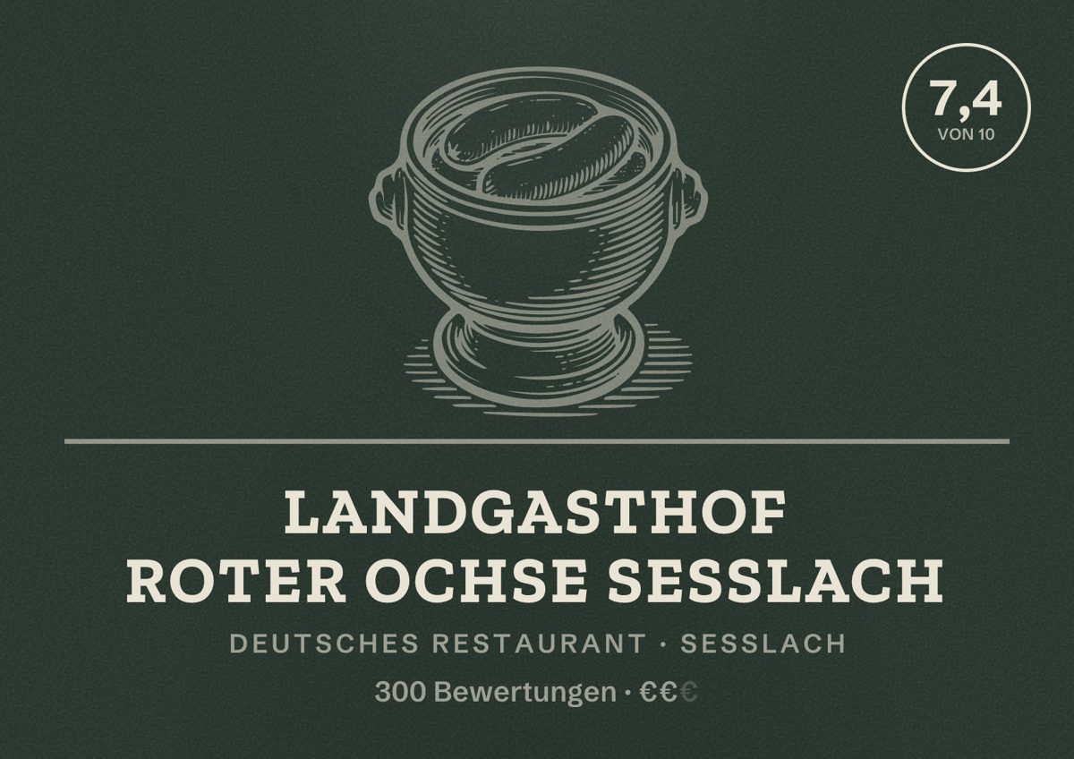 Illustriertes Poster von Landgasthof Roter Ochse Sesslach, Deutsches Restaurant in Seßlach: Bewertung 7,4 von 10 aus 300 Bewertungen, Preisniveau €€