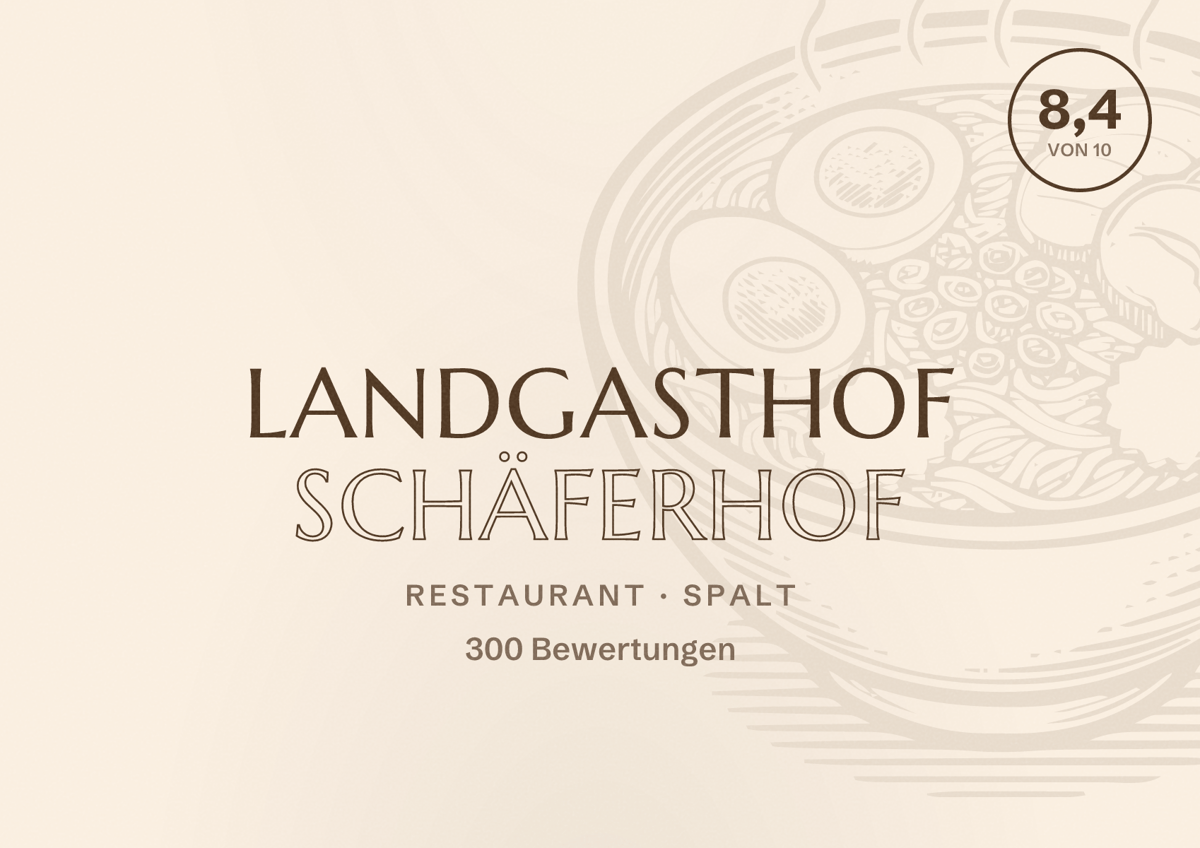 Illustriertes Poster von Landgasthof Schäferhof, Restaurant in Spalt: Bewertung 8,4 von 10 aus 300 Bewertungen