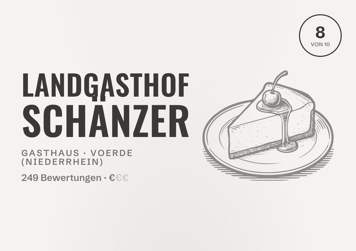 Illustriertes Poster von Landgasthof Schänzer, Gasthaus in Voerde (Niederrhein): Bewertung 8 von 10 aus 249 Bewertungen, Preisniveau €