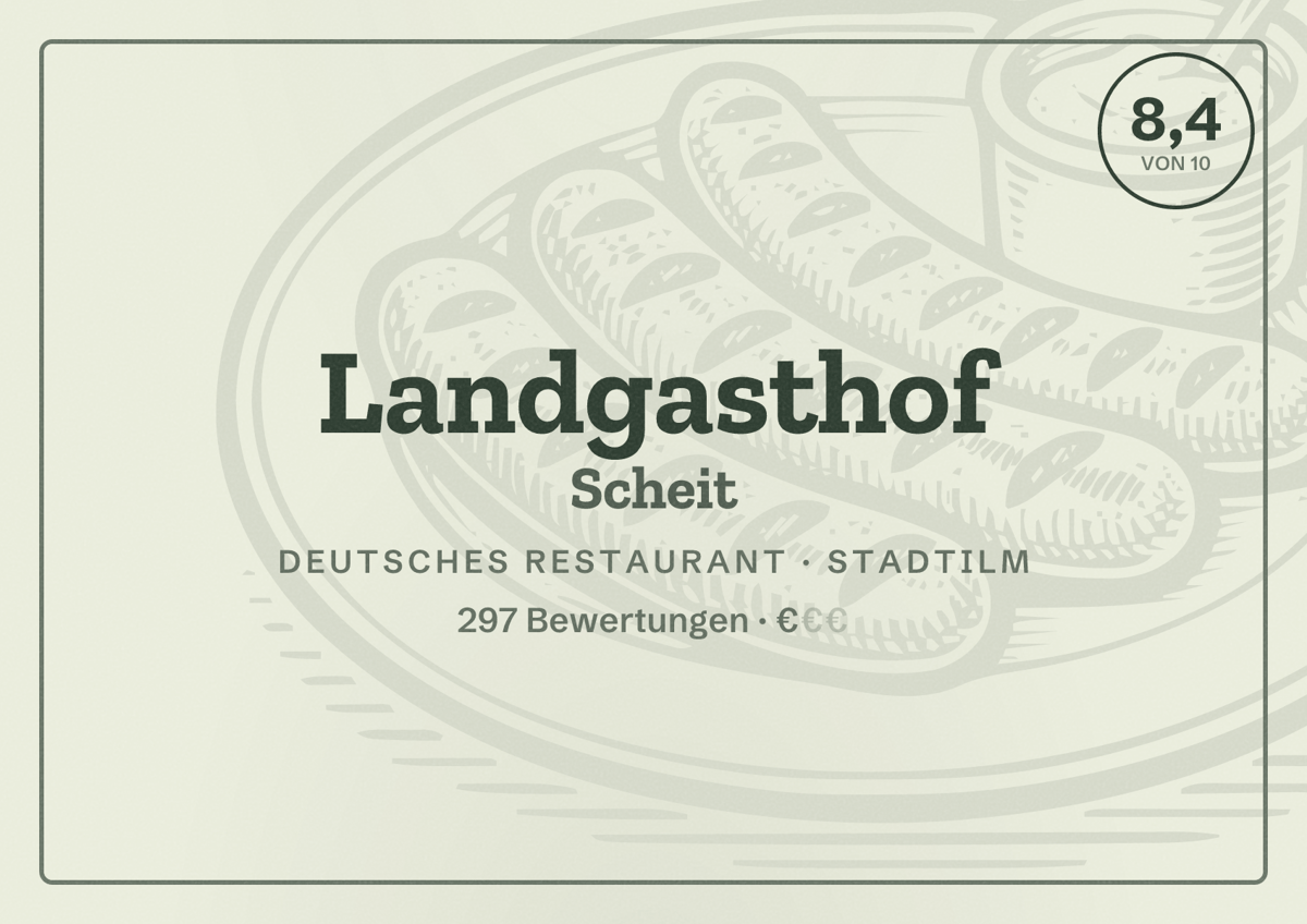 Illustriertes Poster von Landgasthof Scheit, Deutsches Restaurant in Stadtilm: Bewertung 8,4 von 10 aus 297 Bewertungen, Preisniveau €