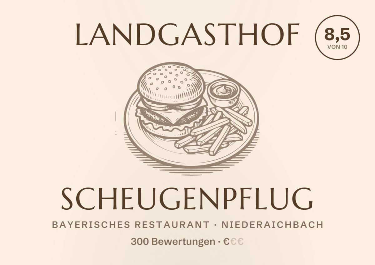 Illustriertes Poster von Landgasthof Scheugenpflug, Bayerisches Restaurant in Niederaichbach: Bewertung 8,5 von 10 aus 300 Bewertungen, Preisniveau €