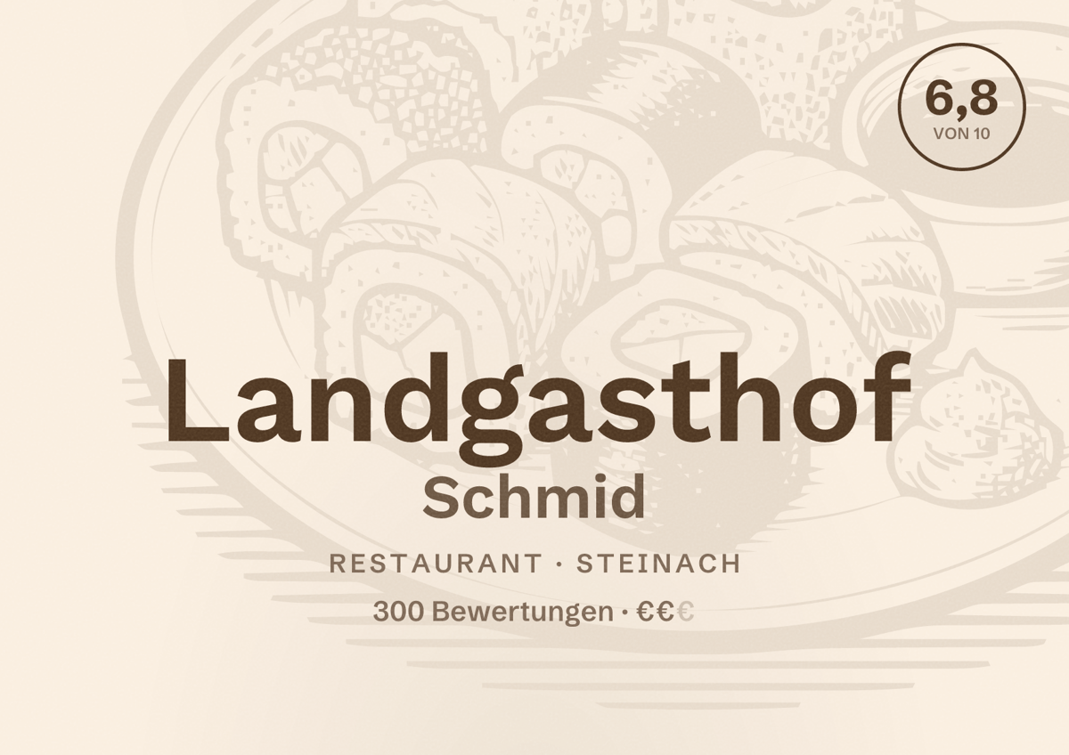 Illustriertes Poster von Landgasthof Schmid, Restaurant in Steinach: Bewertung 6,8 von 10 aus 300 Bewertungen, Preisniveau €€