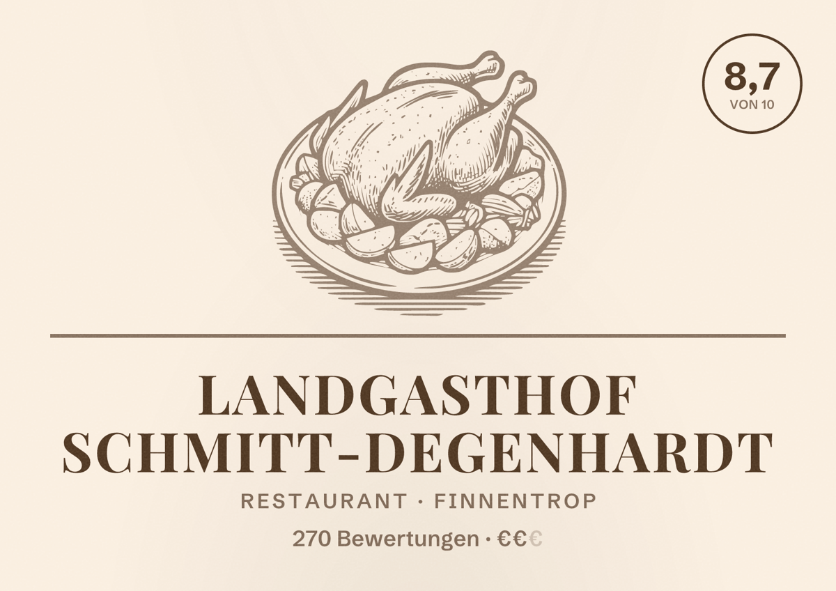 Illustriertes Poster von Landgasthof Schmitt-Degenhardt, Restaurant in Finnentrop: Bewertung 8,7 von 10 aus 270 Bewertungen, Preisniveau €€