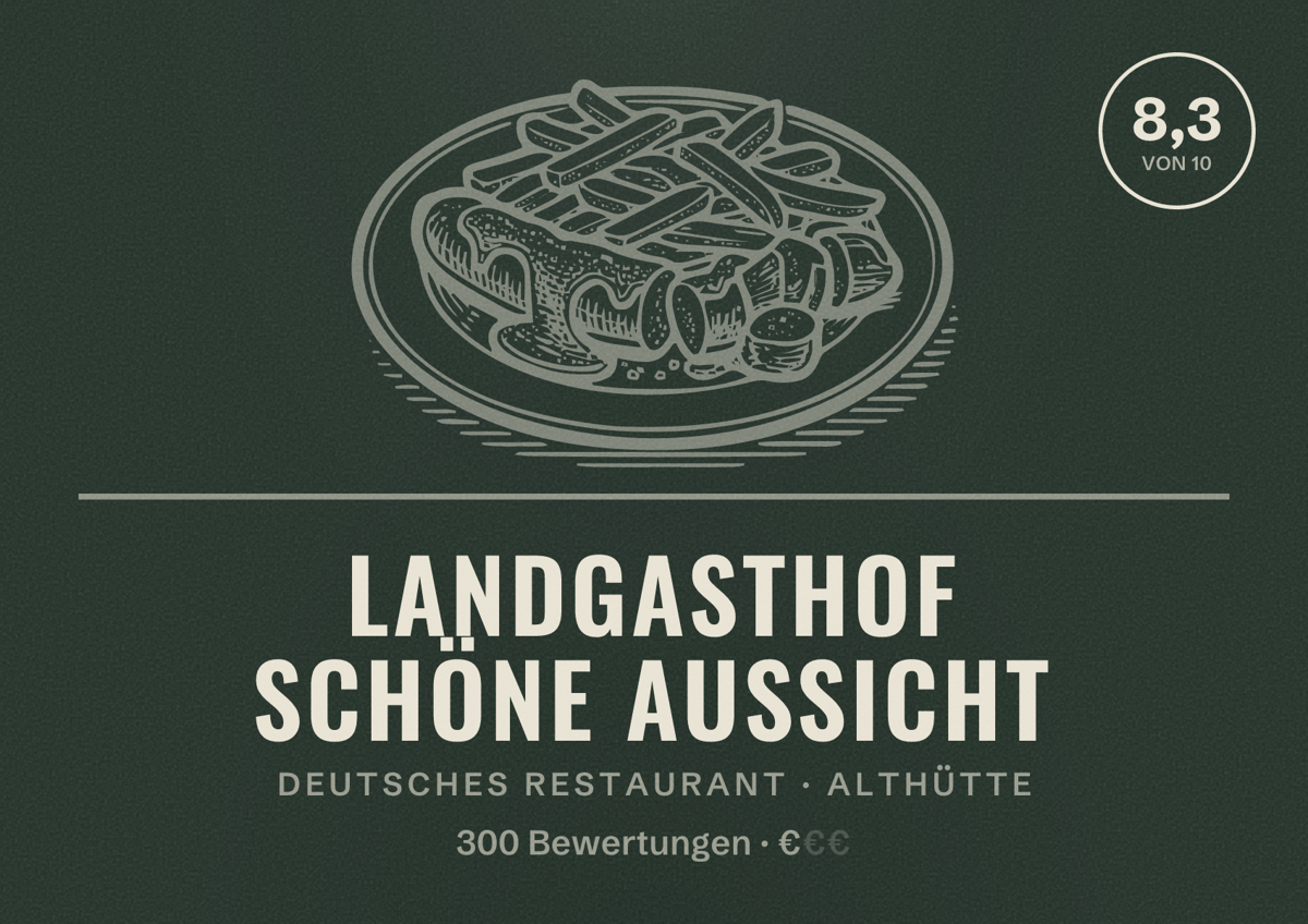 Illustriertes Poster von Landgasthof Schöne Aussicht, Deutsches Restaurant in Althütte: Bewertung 8,3 von 10 aus 300 Bewertungen, Preisniveau €