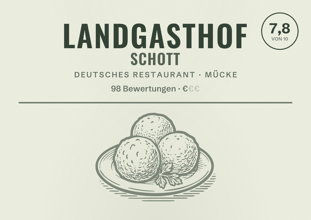 Illustriertes Poster von Landgasthof Schott, Deutsches Restaurant in Mücke: Bewertung 7,8 von 10 aus 98 Bewertungen, Preisniveau €