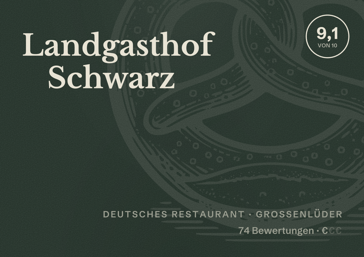 Illustriertes Poster von Landgasthof Schwarz, Deutsches Restaurant in Großenlüder: Bewertung 9,1 von 10 aus 74 Bewertungen, Preisniveau €