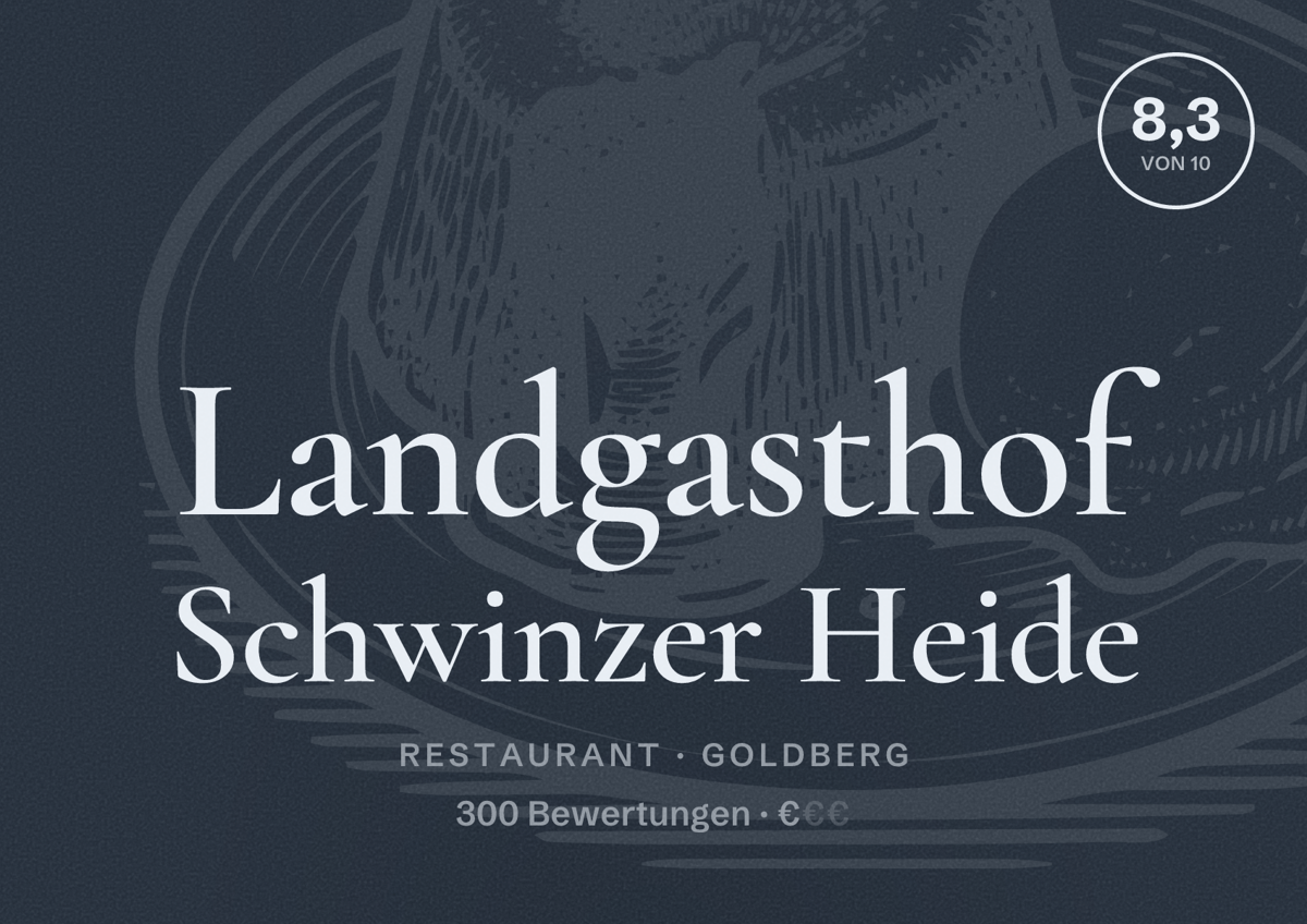 Illustriertes Poster von Landgasthof Schwinzer Heide, Restaurant in Goldberg: Bewertung 8,3 von 10 aus 300 Bewertungen, Preisniveau €