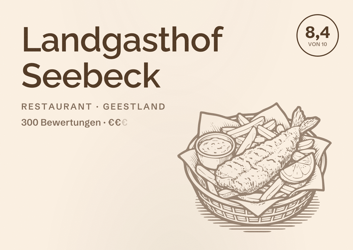 Illustriertes Poster von Landgasthof Seebeck, Restaurant in Geestland: Bewertung 8,4 von 10 aus 300 Bewertungen, Preisniveau €€