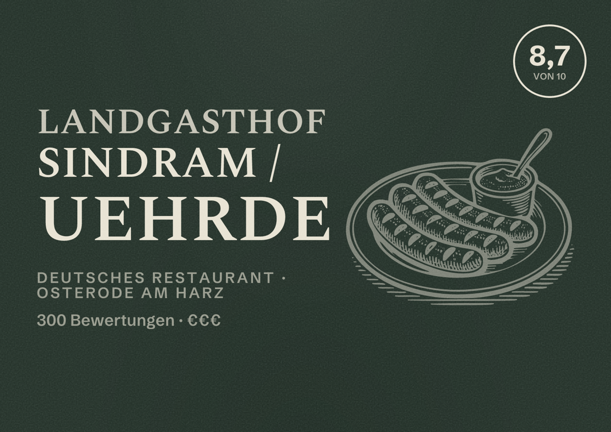 Illustriertes Poster von Landgasthof Sindram / Uehrde, Deutsches Restaurant in Osterode am Harz: Bewertung 8,7 von 10 aus 300 Bewertungen, Preisniveau €€€