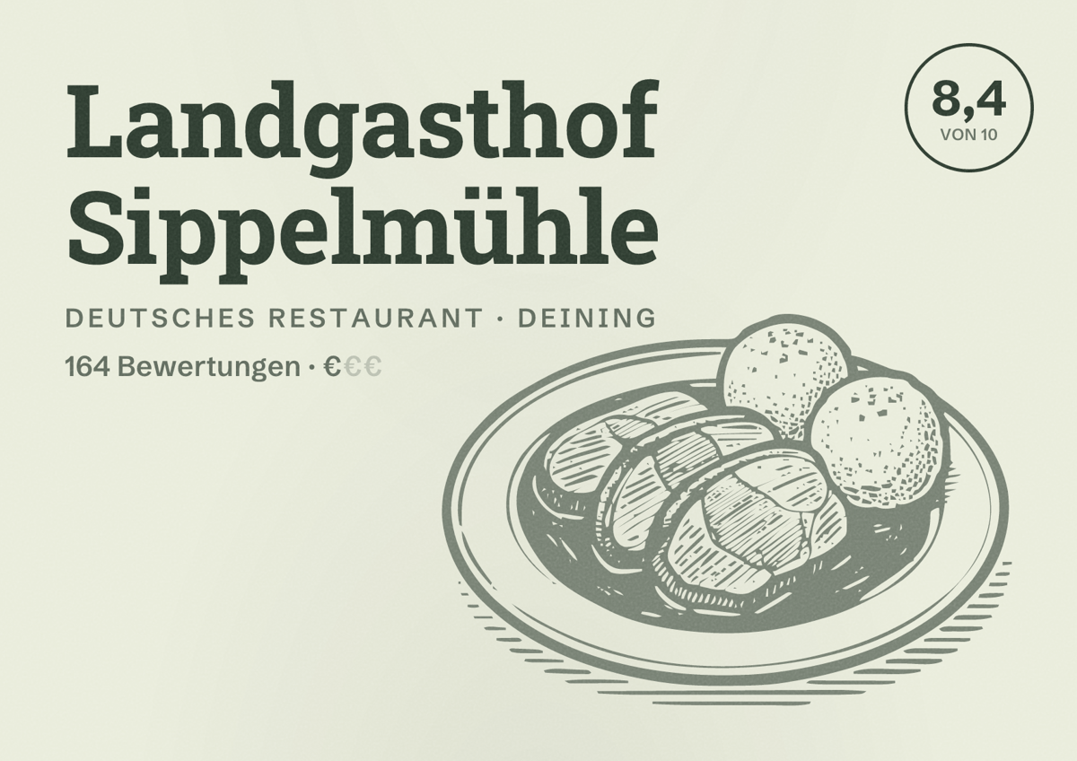 Illustriertes Poster von Landgasthof Sippelmühle, Deutsches Restaurant in Deining: Bewertung 8,4 von 10 aus 164 Bewertungen, Preisniveau €