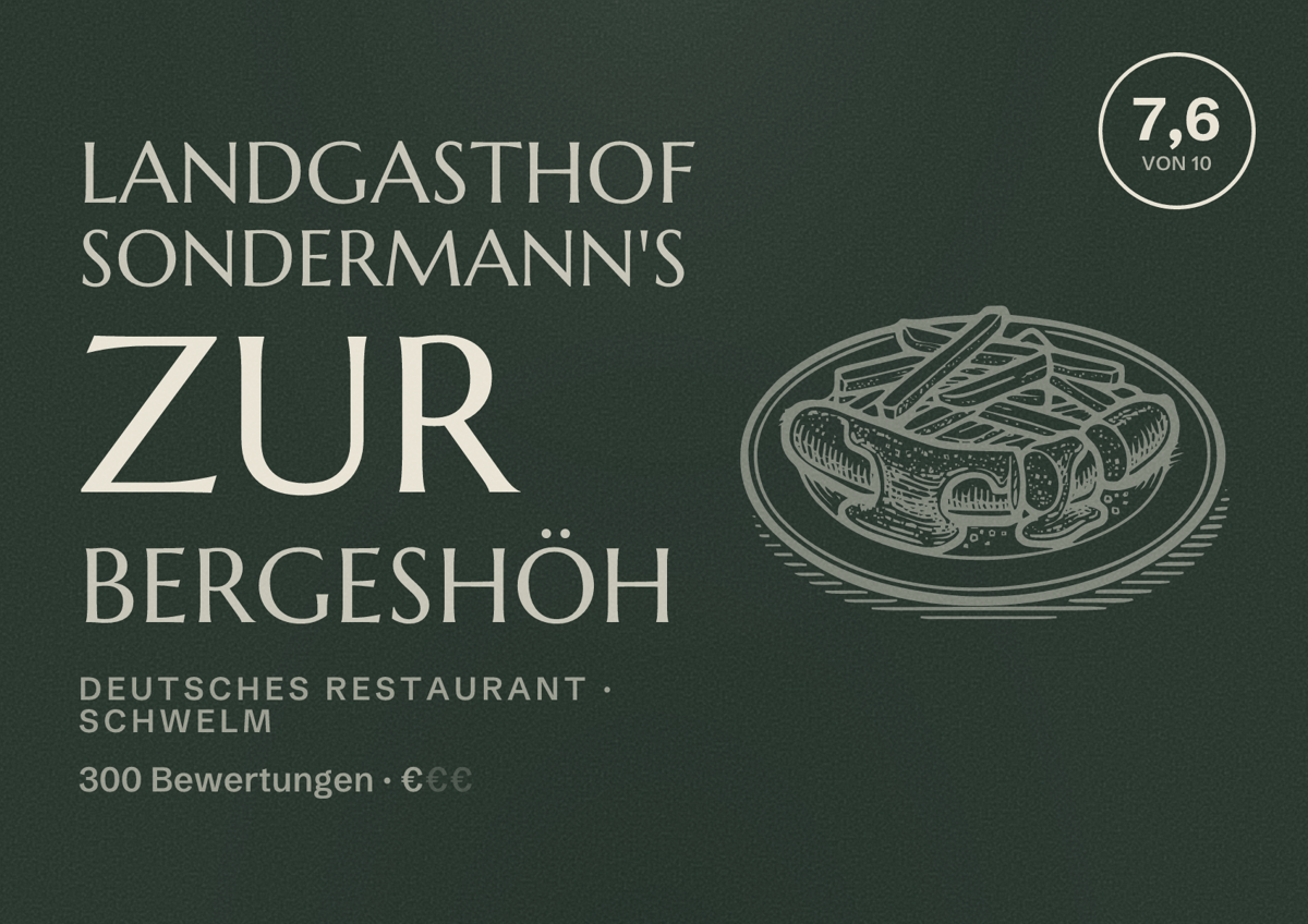 Illustriertes Poster von Landgasthof Sondermann's Zur Bergeshöh, Deutsches Restaurant in Schwelm: Bewertung 7,6 von 10 aus 300 Bewertungen, Preisniveau €
