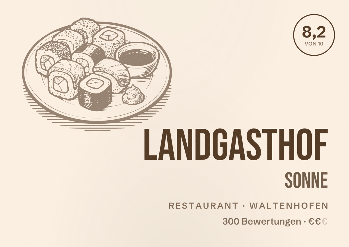 Illustriertes Poster von Landgasthof Sonne, Restaurant in Waltenhofen: Bewertung 8,2 von 10 aus 300 Bewertungen, Preisniveau €€