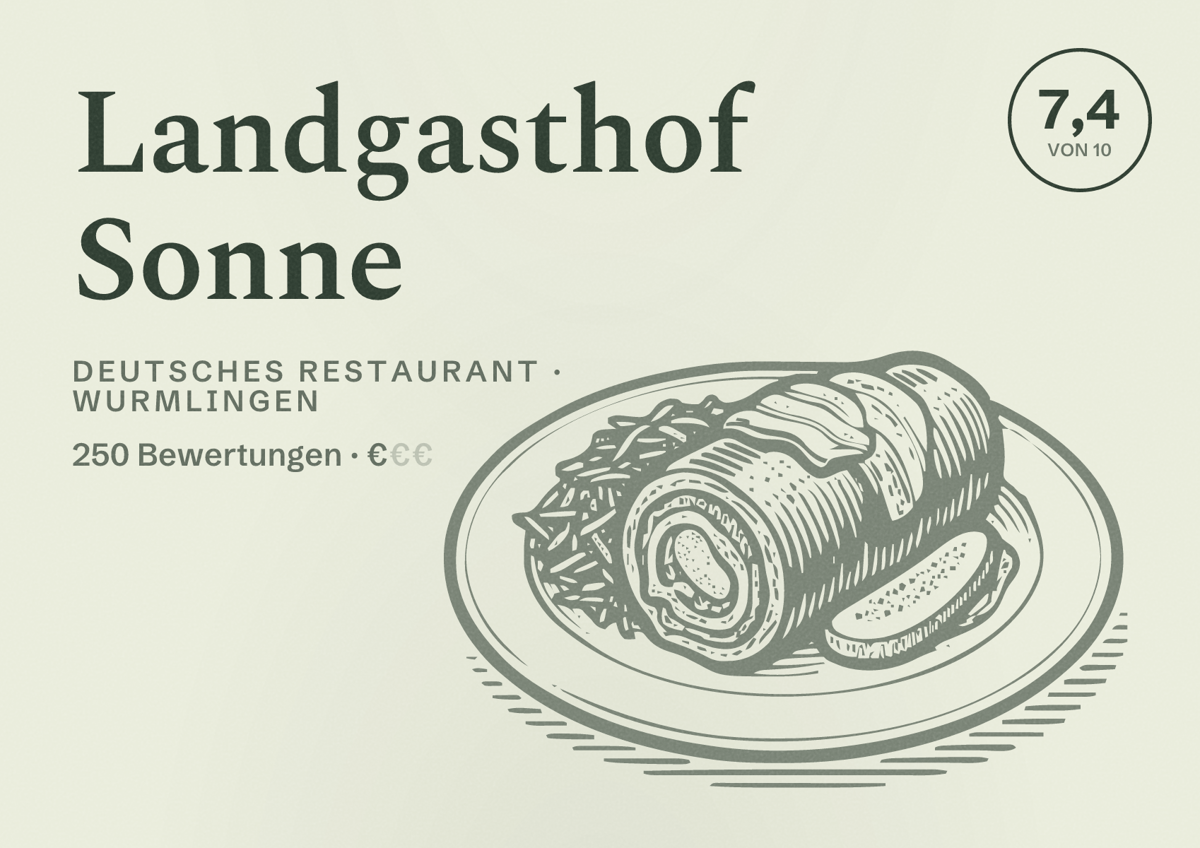 Illustriertes Poster von Landgasthof Sonne, Deutsches Restaurant in Wurmlingen: Bewertung 7,4 von 10 aus 250 Bewertungen, Preisniveau €