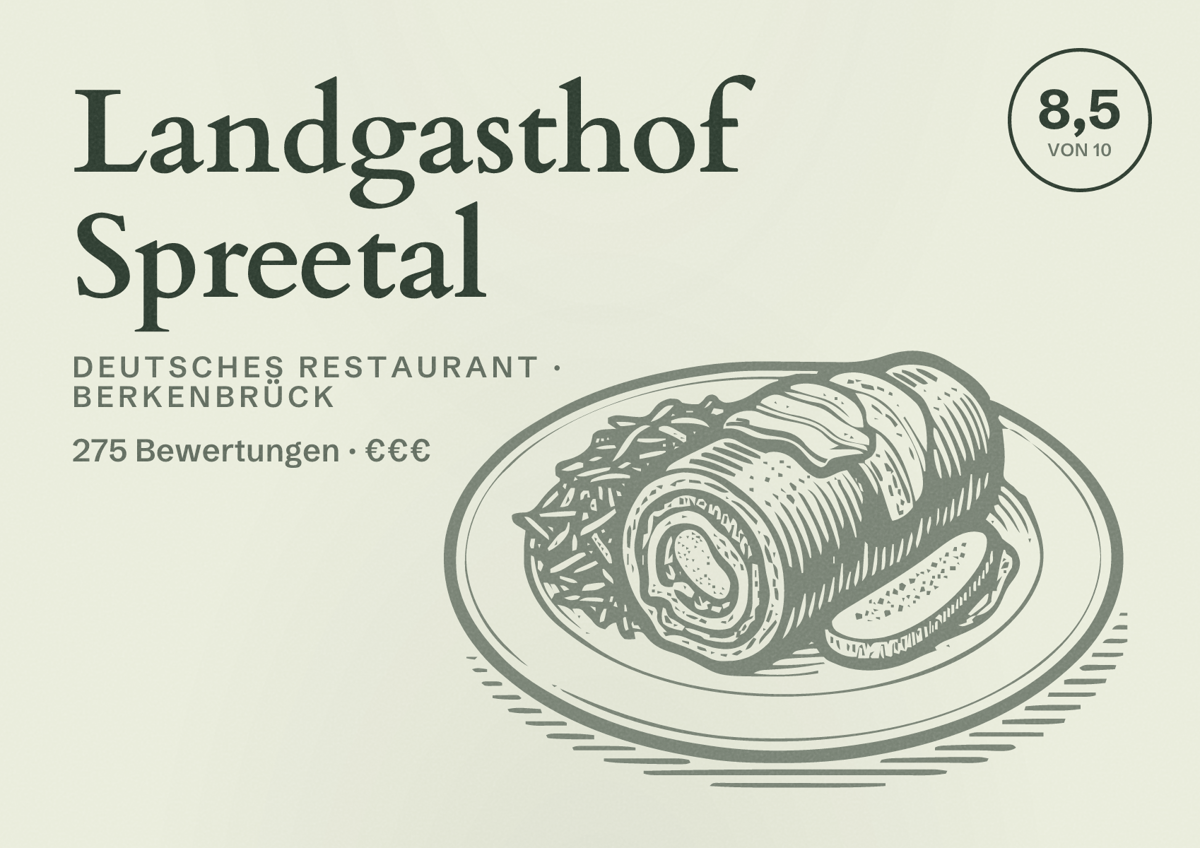 Illustriertes Poster von Landgasthof Spreetal, Deutsches Restaurant in Berkenbrück: Bewertung 8,5 von 10 aus 275 Bewertungen, Preisniveau €€€