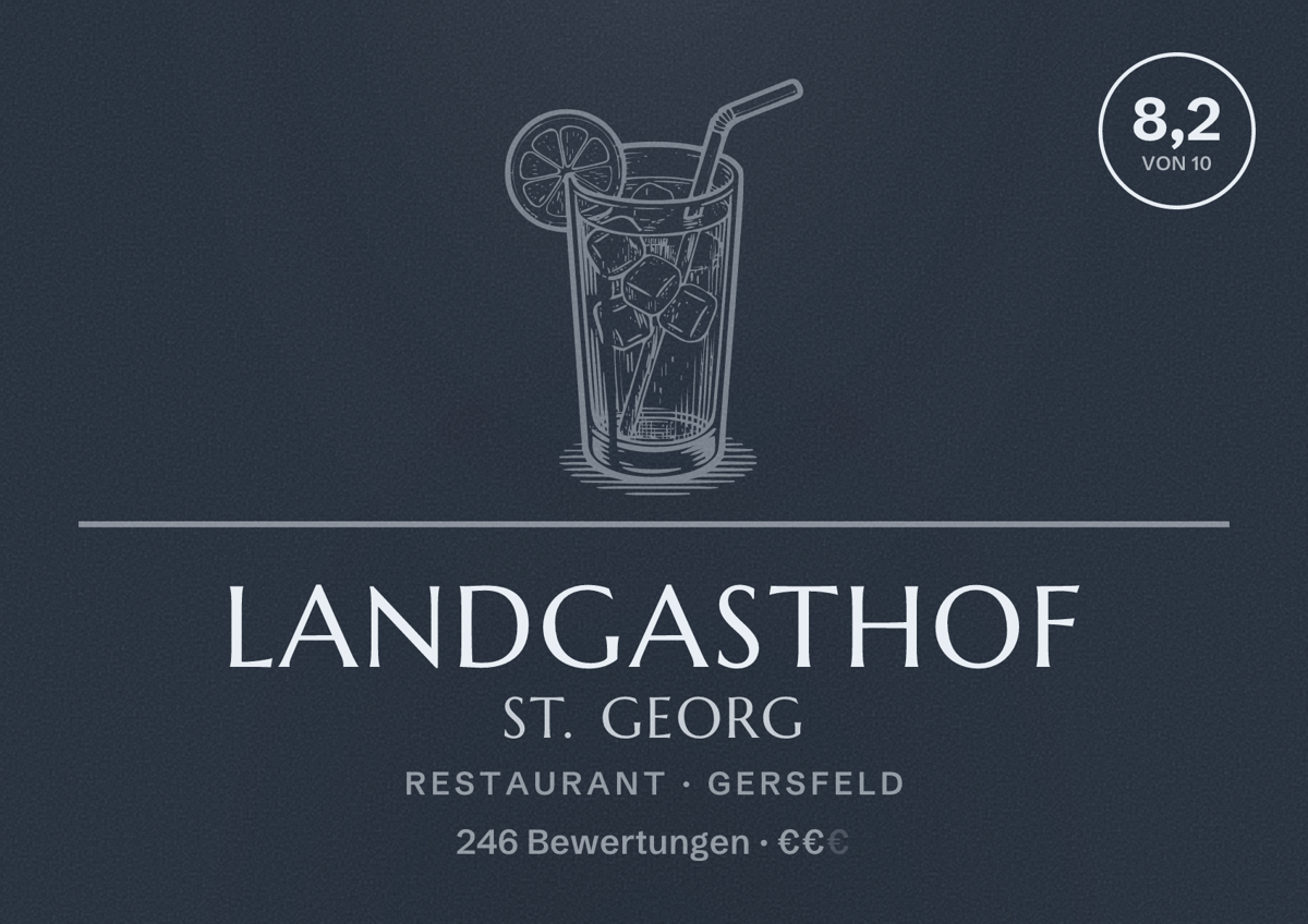 Illustriertes Poster von Landgasthof St. Georg, Restaurant in Gersfeld: Bewertung 8,2 von 10 aus 246 Bewertungen, Preisniveau €€