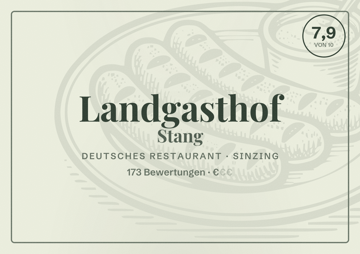 Illustriertes Poster von Landgasthof Stang, Deutsches Restaurant in Sinzing: Bewertung 7,9 von 10 aus 173 Bewertungen, Preisniveau €